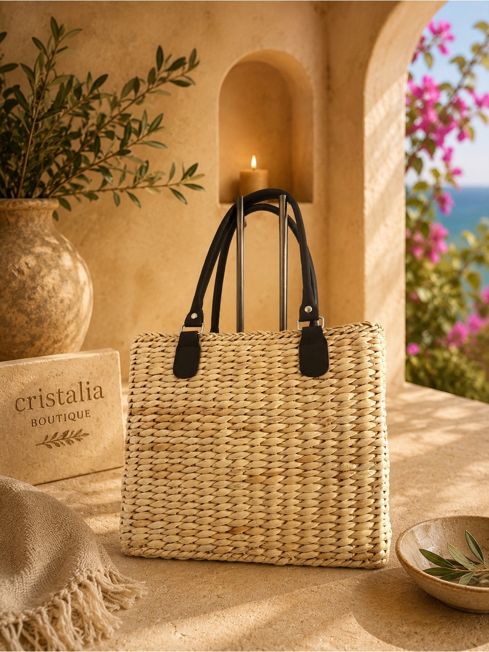 Borghese Woven Straw Tote Bag Neutral Beach Bag